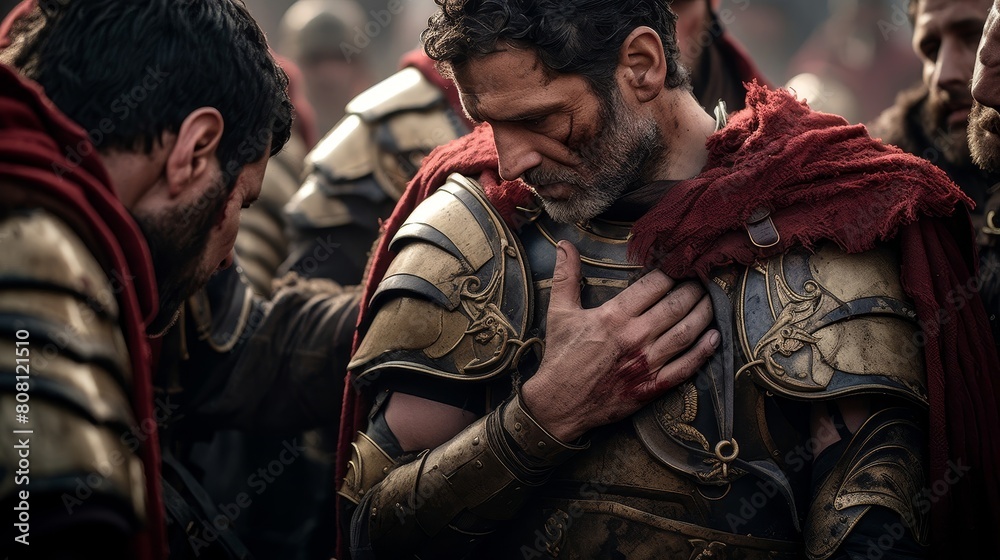 Fototapeta premium Roman Legionnaire bids heartfelt farewell to comrades before mission