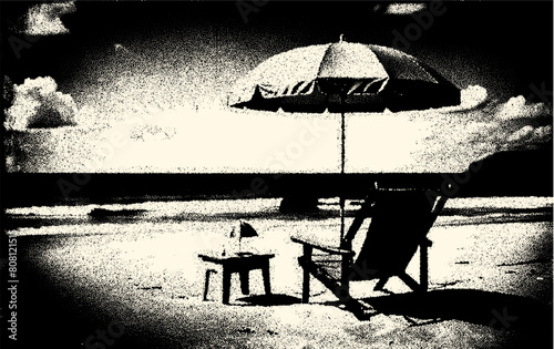 Beach landscape with deck chair and umbrella. Relaxing vacation card in retro, dotwork style