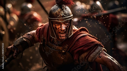 Roman Legionnaire narrowly avoids deadly strike from enemy warrior photo