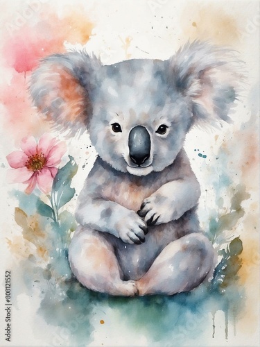Watercolor painting of a cute baby koala with a pink flower