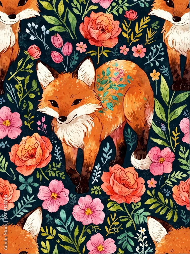 Fototapeta premium Whimsical boho fox surrounded by vibrant floral patterns