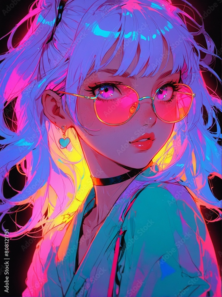 Colorful Anime Girl with Glasses in Vibrant Neon Lights Colorful Anime Girl with Glasses in Vibrant Neon Lights