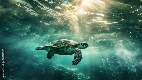 Wallpaper of huge turtle sea marine animal on ocean bottom. Photo of wild reptile in underwater life