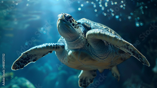 Wallpaper of huge turtle sea marine animal on ocean bottom. Photo of wild reptile in underwater life