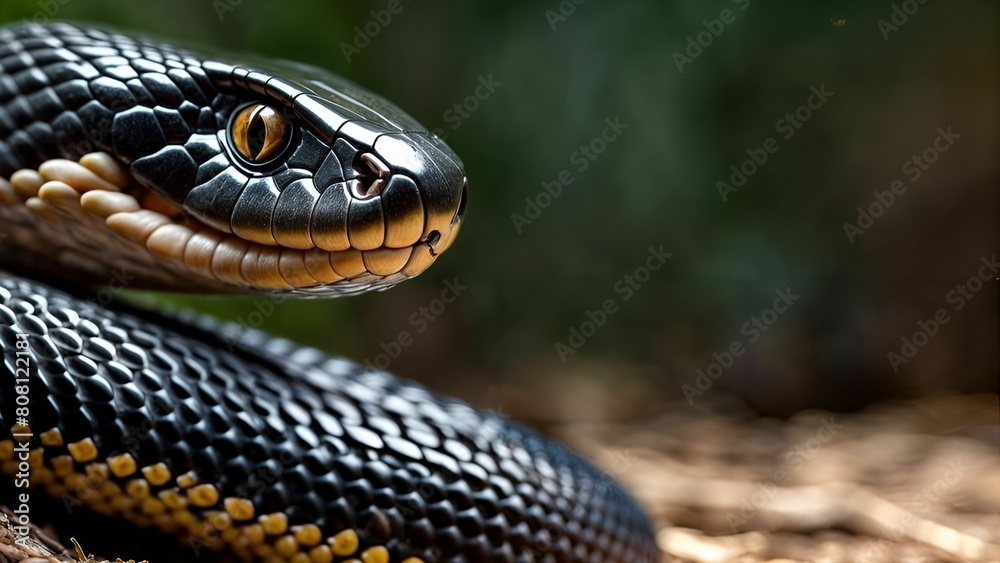 A close up of a snake with a black and yellow stripe on its face A close up of a snake with a black and yellow stripe on its face