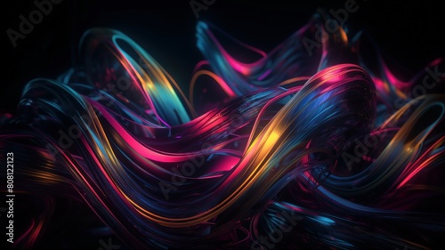 3d render of abstract glowing multicolored neon light curved lines on black background photo