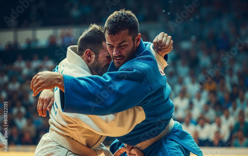 Intense judo match between two male athletes
