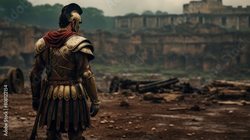 Roman Legionnaire ponders ancient battle scene photo