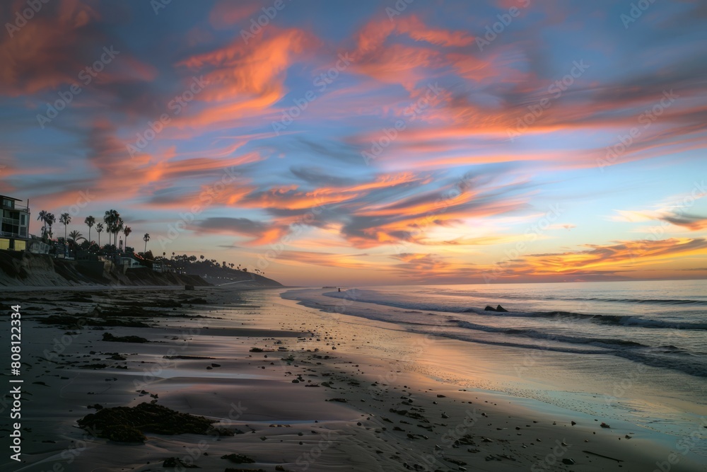Fototapeta premium Sunset painting the sky with hues of orange, pink, and purple, signaling the end of summer day