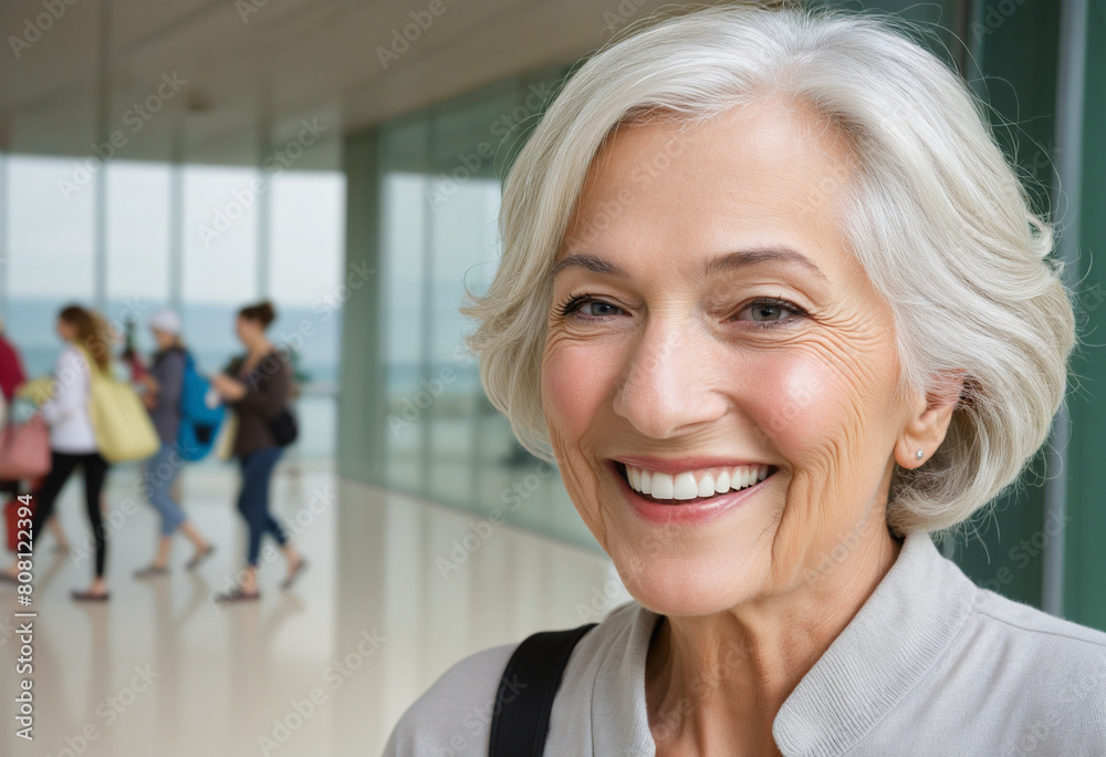 Elderly woman joyfully embracing her retirement journey at the terminal Elderly woman joyfully embracing her retirement journey at the terminal