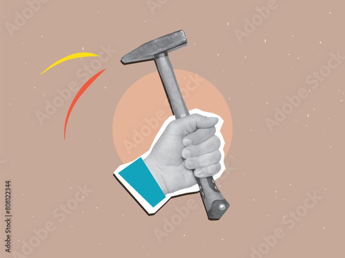 The hand hits with a hammer. Vector illustration in modern collage style