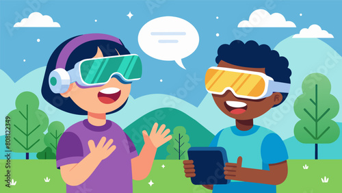 In a bright and bubbly video two junior vloggers share their thoughts on the latest virtual reality headset and its ability to transport them to. Vector illustration