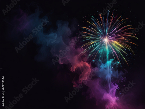 Colorful vibrant glittering fireworks Background with glow smoke and confetti banner ai generative