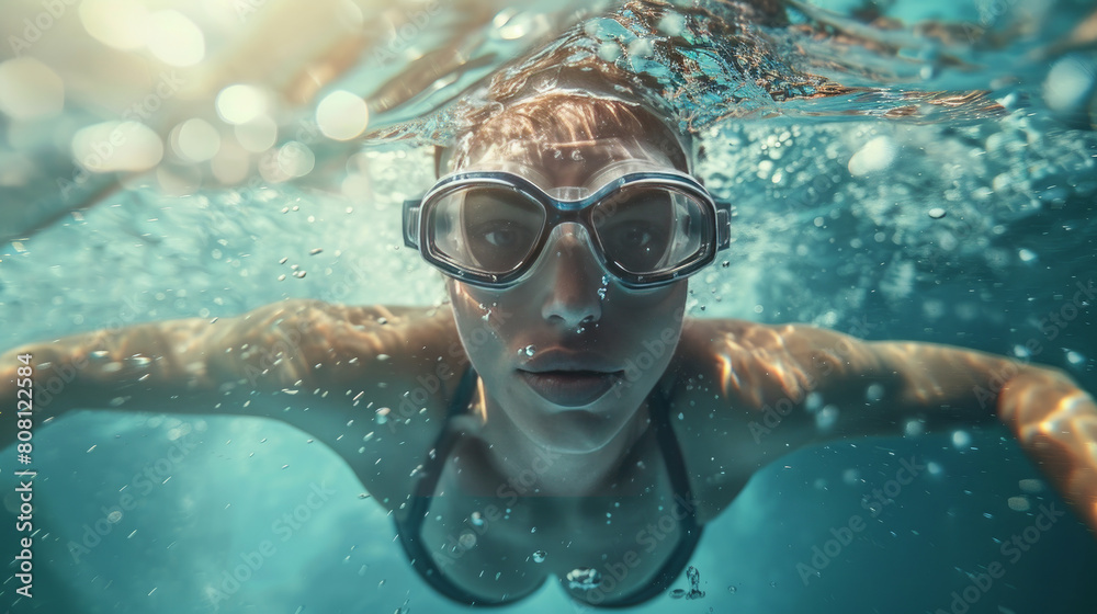 Fototapeta premium A woman swims underwater, wearing a cap and goggles. She moves powerfully and gracefully, showcasing her athleticism and fitness.
