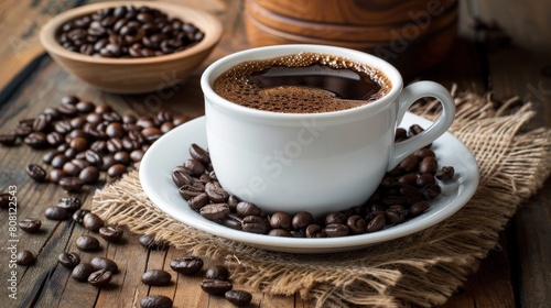 coffee cup with coffee beans on a wooden table