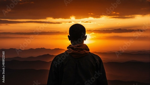Man watching a breathtaking sunset over mountain range