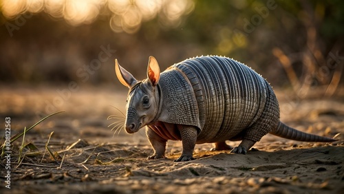 A small armadillo walking on a dusty ground photo
