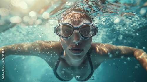 A woman swims underwater, wearing a cap and goggles. She moves powerfully and gracefully, showcasing her athleticism and fitness.