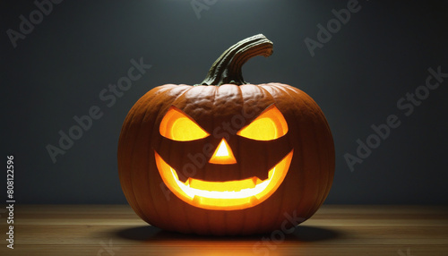 Glowing Jack-O-Lantern beside a flickering candle in a creepy Halloween scene