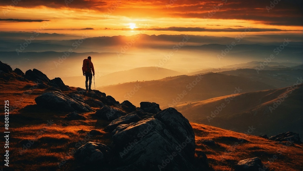 Solo hiker enjoys a majestic sunset atop a mountain