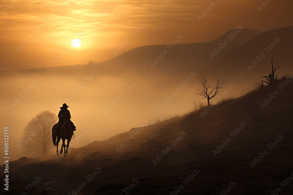 Noble steed bearing its rider through the misty dawn of an enchanted land