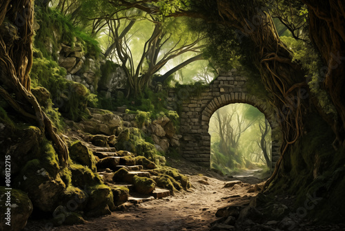 Elven kingdom hidden among the ancient trees of an enchanted forest photo