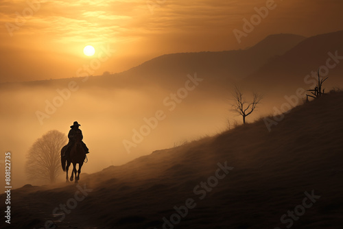 Noble steed bearing its rider through the misty dawn of an enchanted land