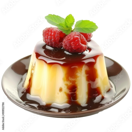 Panna Cotta with Raspberry and Mint Topping Hyper realistic Highly Detailed Isolated On Transparent Background PNG