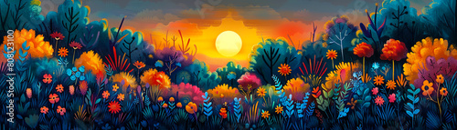 The image is a beautiful landscape with a sunset over a field of flowers. The colors are vibrant and the light is warm. The image is very peaceful and serene.