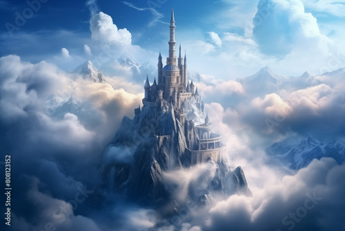 Wizard's tower rising high above the clouds in a realm of fantasy photo