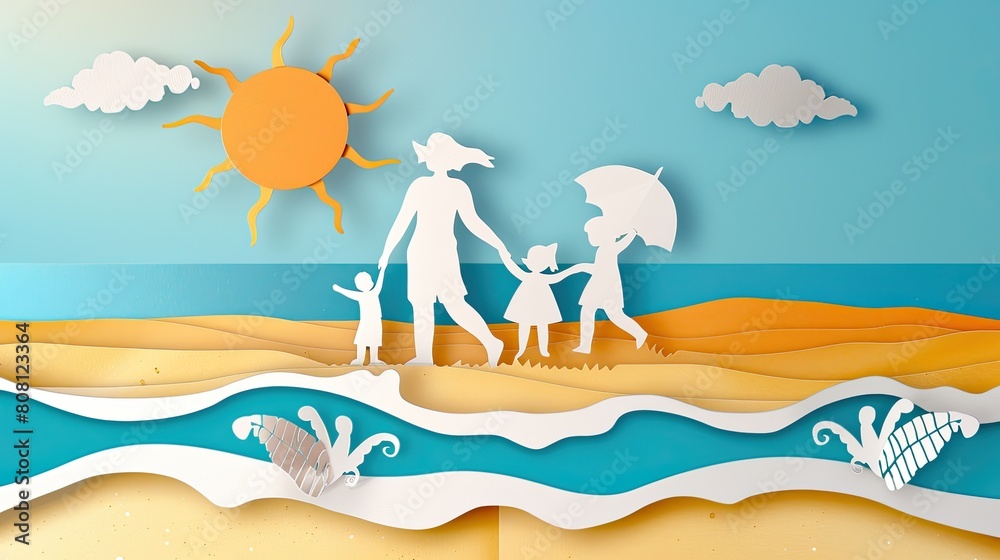 Joyful family on a beach vacation, papercut style, with a paper ocean, sand, and a bright sun in the background.