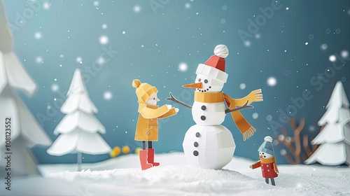 Joyful family on a snowy day making a snowman, crafted entirely from white and colored paper in papercut style. © BMMP Studio