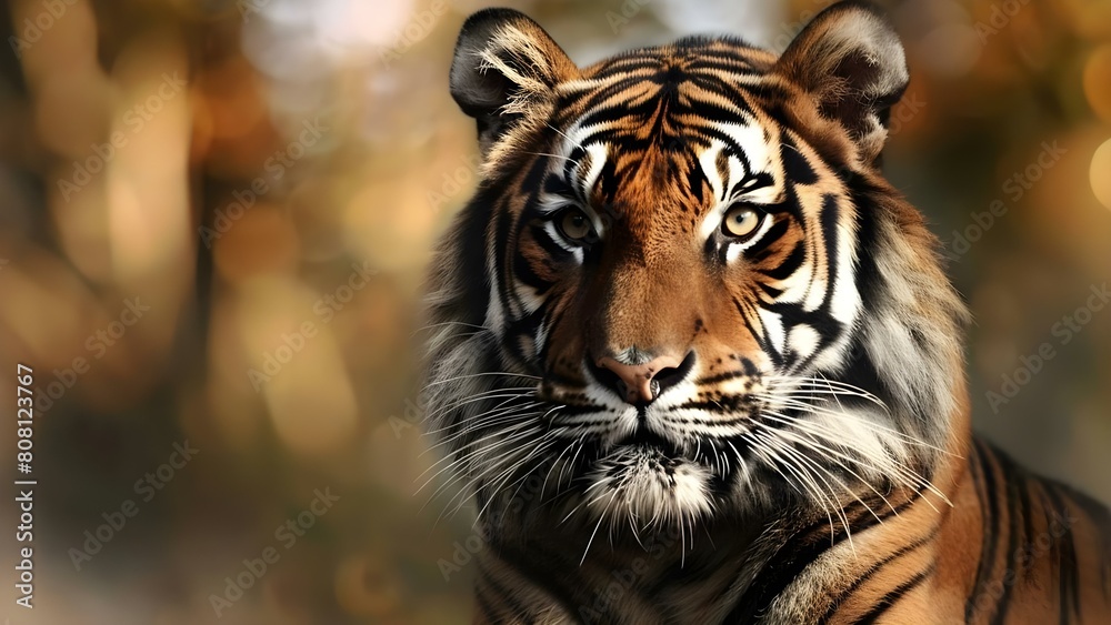 Fototapeta premium Majestic Sumatran Tiger in Closeup Portrait in the Jungle. Concept Wildlife Photography, Endangered Species, Capturing Natural Beauty