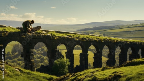 Roman laborer works on monumental aqueduct photo