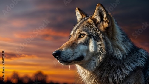 Wolf gazing sunset with sky backdrop