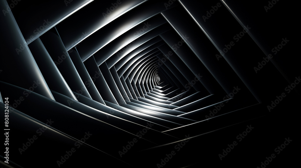 Naklejka premium Abstract vector triangle spiral on dark background, black and gray white lines, isometric perspective