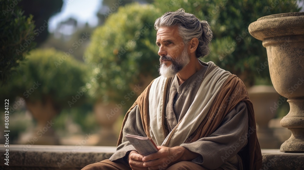 Roman poet finding inspiration for verses in serene garden Roman poet finding inspiration for verses in serene garden