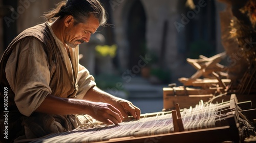 Roman weaver in tunic creating intricate patterns on large loom