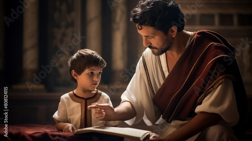 Roman senator's son in toga receiving instruction in study