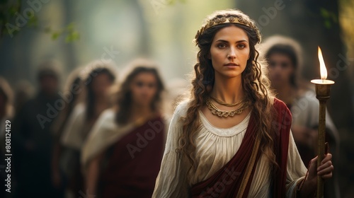 Roman priestess leading worshippers to sacred grove for festival photo