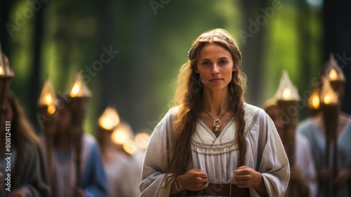 Roman priestess leading worshippers to sacred grove
