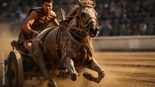 Roman chariot racer in racing tunic maneuvering quadriga on track photo