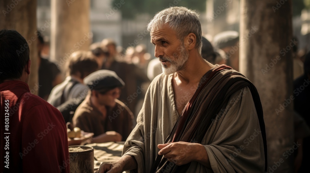 Roman merchant in finely woven toga conducting trade negotiations