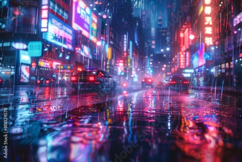 Cyberpunk Futurism  Cyberpunk-inspired neon cityscape  Neon red  blue  and purple  Reflective cyberpunk surfaces  Glowing neon signs and holographic ads  Glitch art and pixel distortion