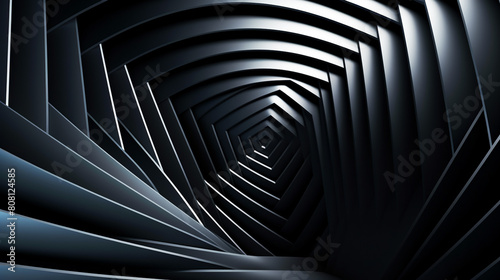 Abstract vector triangle spiral on dark background, black and gray white lines, isometric perspective