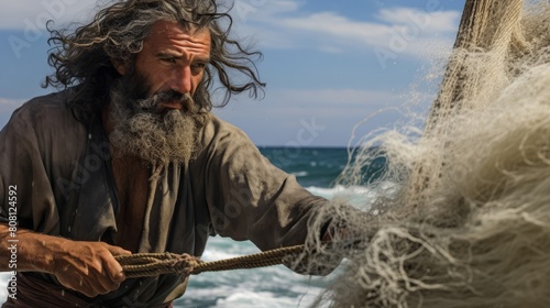 Roman fisherman in rough tunic casting net into turbulent waters