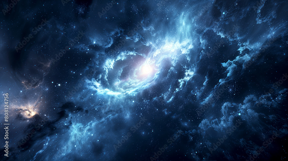 a blue nebula in space with a spiral galaxy along with stars and clouds against a dark blue space background
