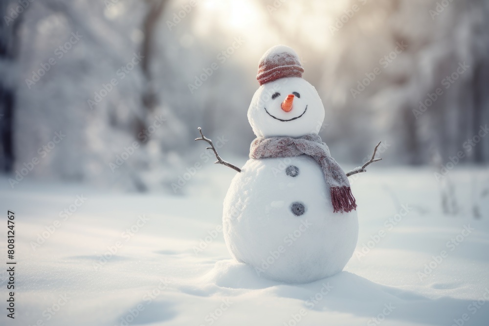 A snowman is standing in a snowy forest. He is wearing a hat and a scarf. He has a carrot for a nose and two black buttons for eyes. His mouth is smiling.