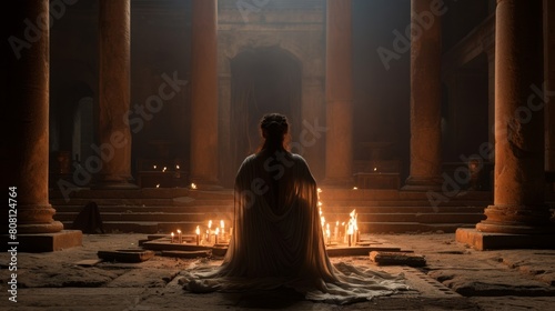 Roman priestess tending to sacred fire in serene temple dedicated to Vesta photo