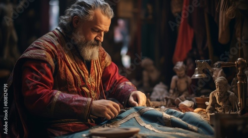 Roman tailor in cluttered workshop crafting custom toga using vibrant fabrics